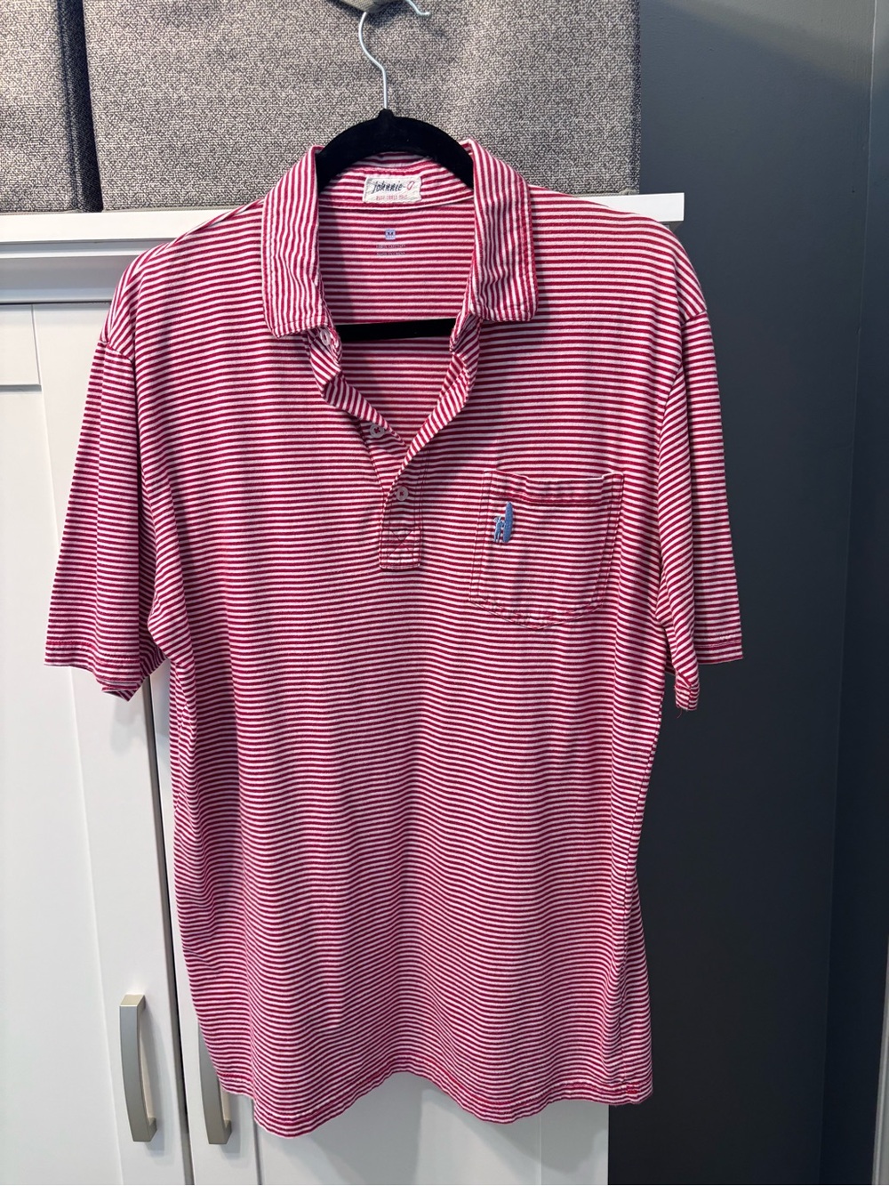 johnnie-O Red and White Striped Polo with Chest Pocket Light Blue Surfer Logo